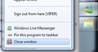 Live Messenger showing "close window" option